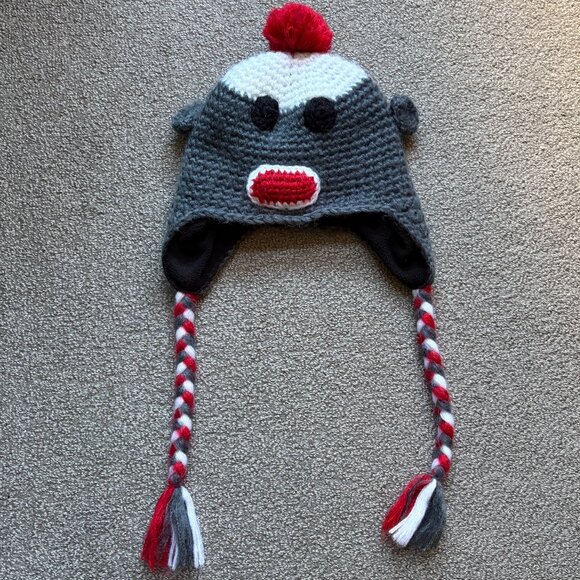 Chaos Sock Monkey Beanie Knit Crochet Knit Pom Pom Big Kids One Size - Picture 1 of 10